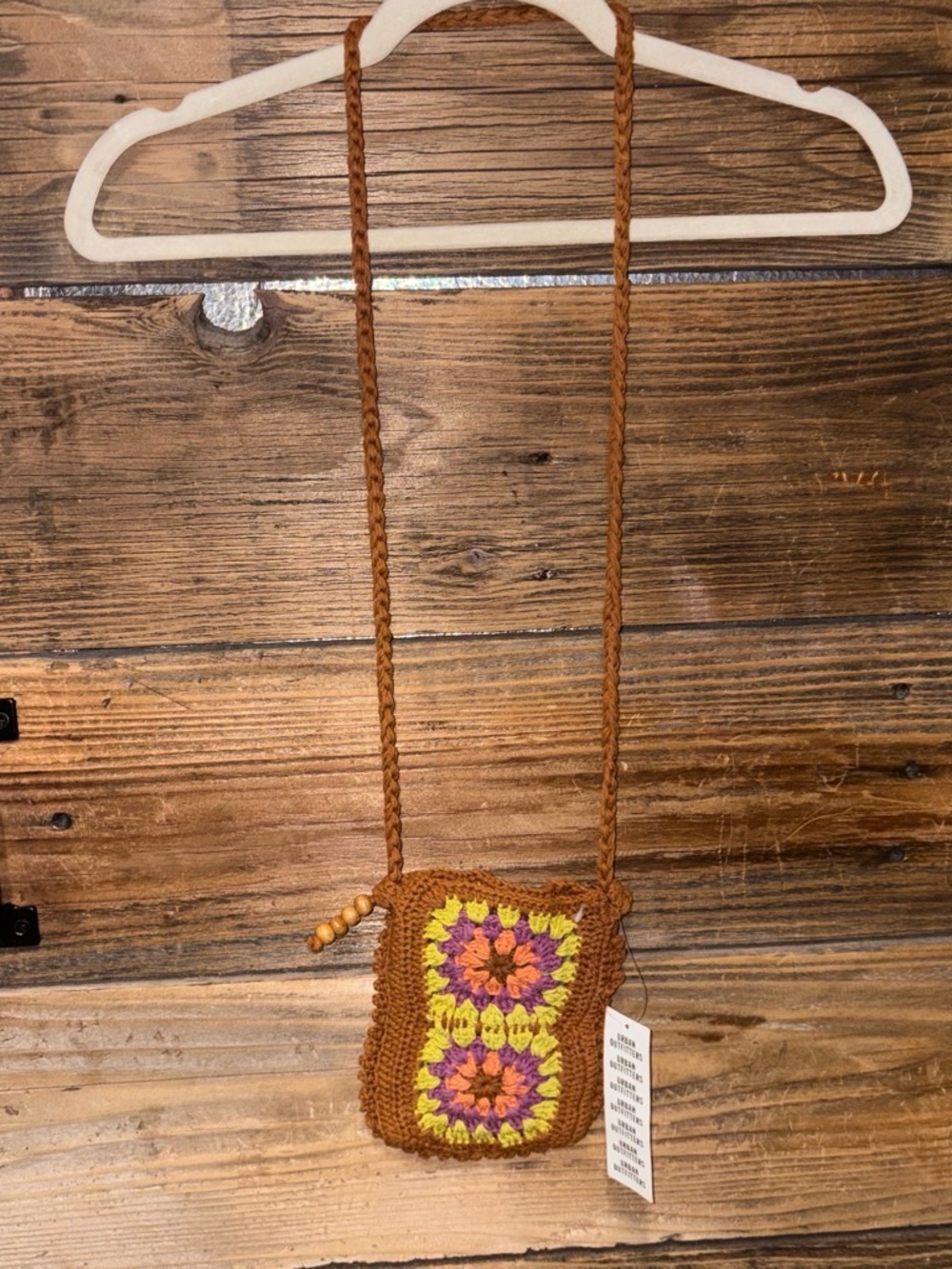 Crochet Crossbody Bag Brown with Yellow & Purple Floral Squares NWT